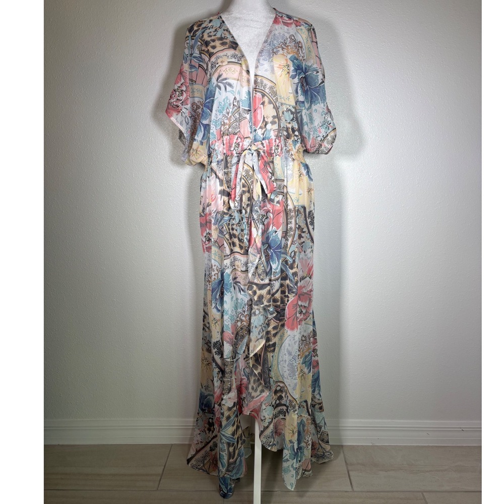 Sheer Floral Leopard Sequin Maxi Swim Cover Up Kimono Lightweight XL New Venus
